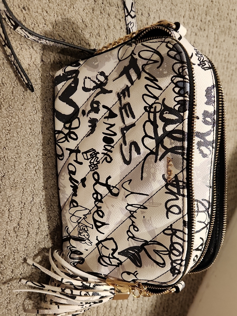 NEW Aldo White Crossbody Bag with Black Script Print